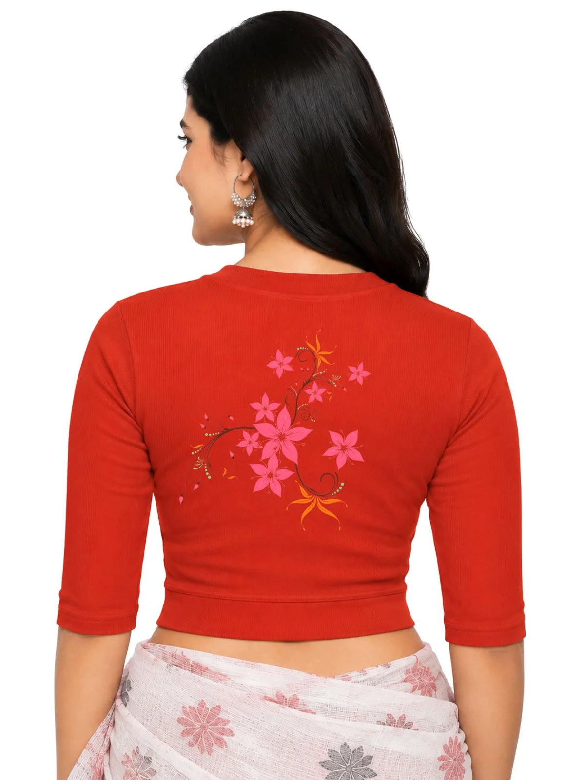 Women Back Printed Stretchable Elbow Sleeve RIB Blouse U0113 Dark Orange