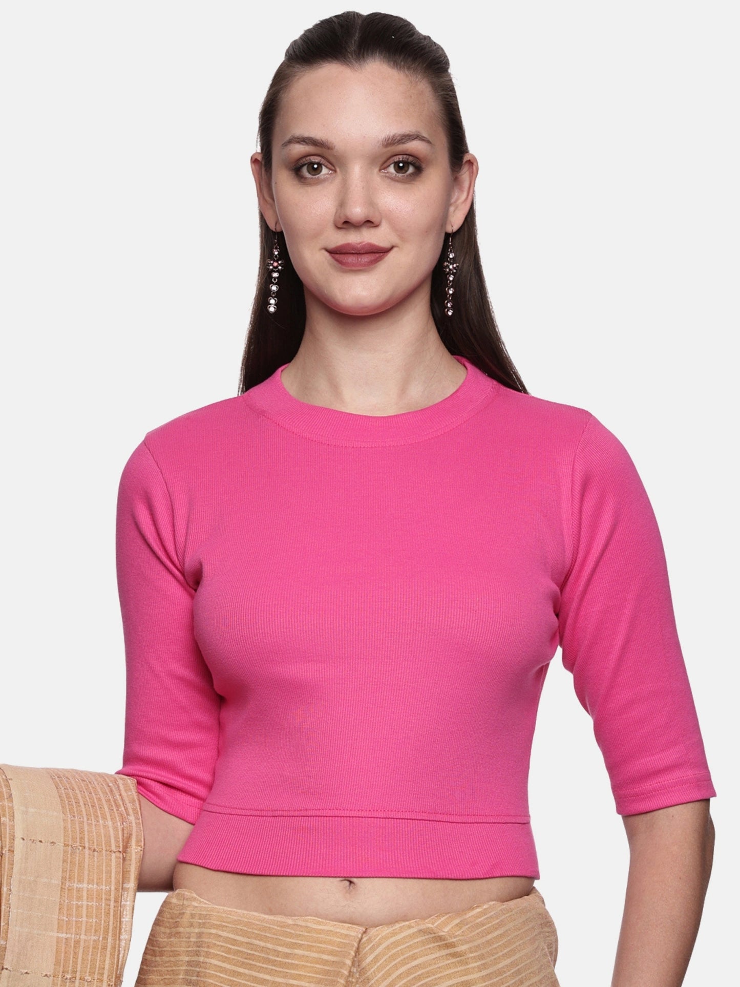 Women Back Printed Stretchable Elbow Sleeve RIB Blouse U0167 Bubble Gum Pink