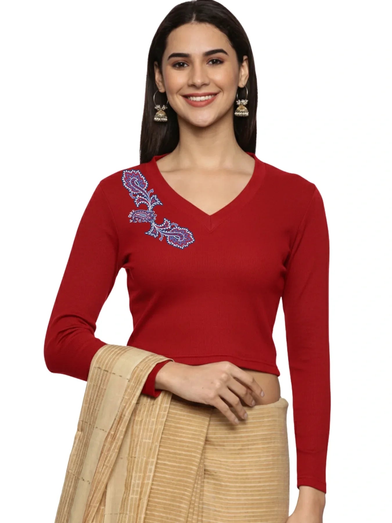 Women Back Printed Stretchable Full Sleeve V Neck RIB Blouse U0217 - notyetbyus