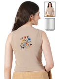 Women Back Printed Stretchable Sleeveless Close Neck RIB Blouse U0237 Chikoo