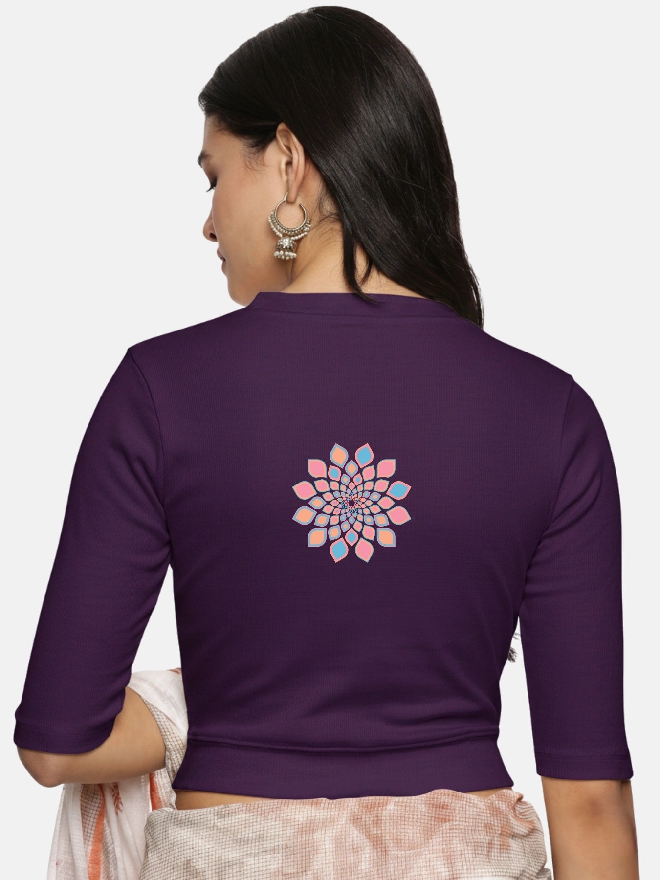 Women Back Printed Stretchable Elbow Sleeve RIB Blouse U0168 - notyetbyus