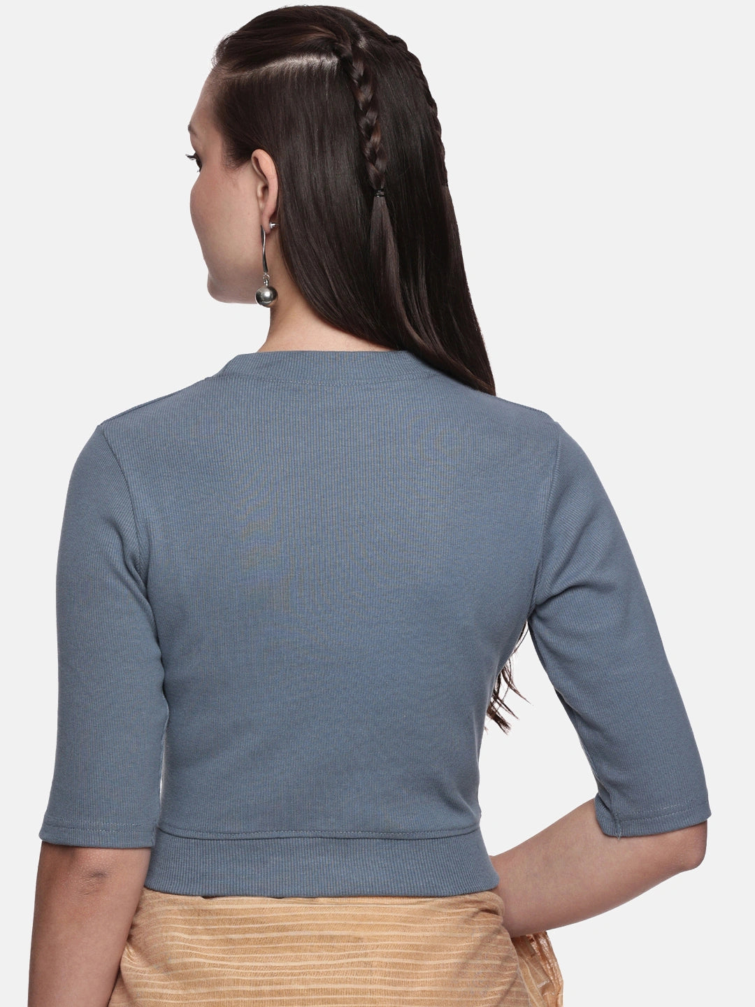 Women Plain Stretchable Elbow Sleeve RIB Blouse U0121 Elephant Grey