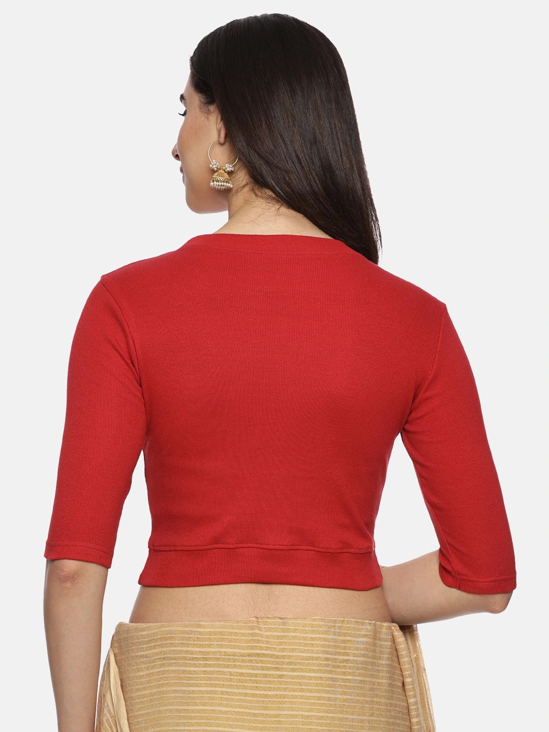 Women Plain Stretchable Elbow Sleeve RIB Blouse U0121 Red