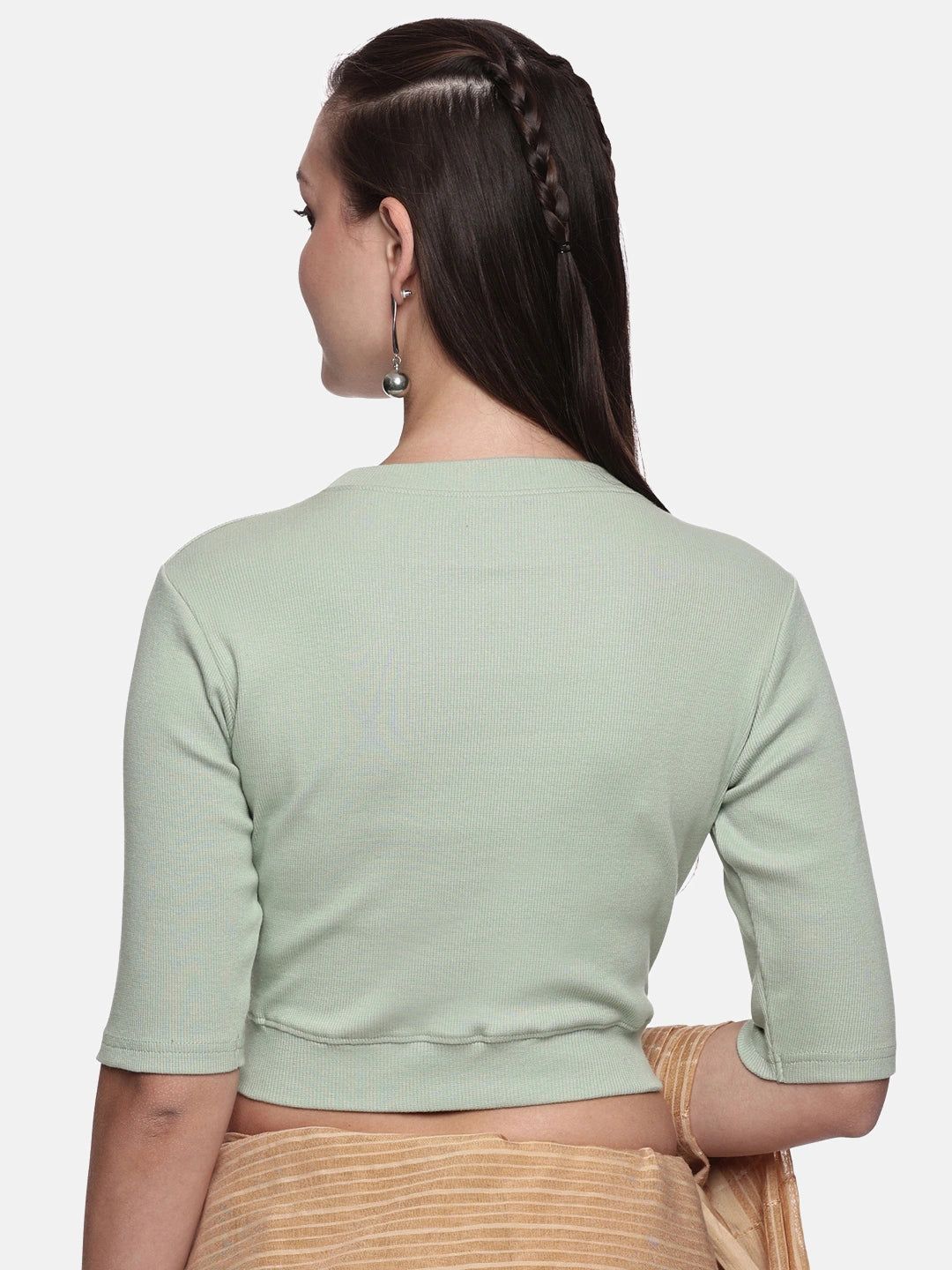 Women Plain Stretchable Elbow Sleeve RIB Blouse U0121 Sage Green