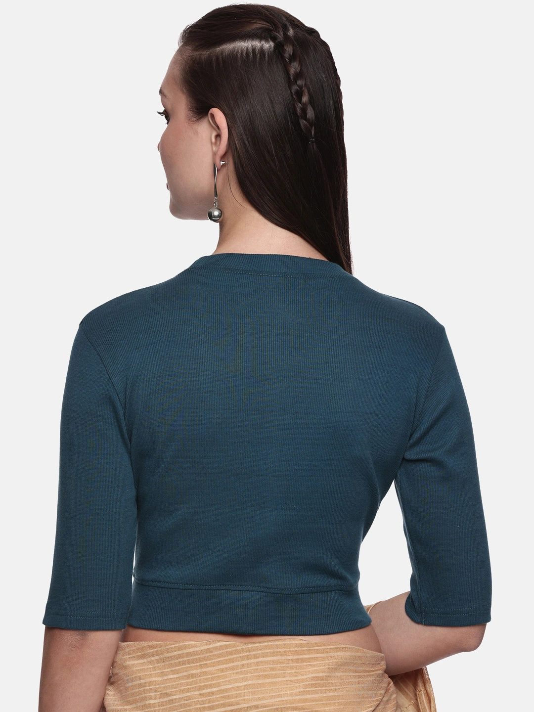 Women Plain Stretchable Elbow Sleeve RIB Blouse U0121 Teal Green