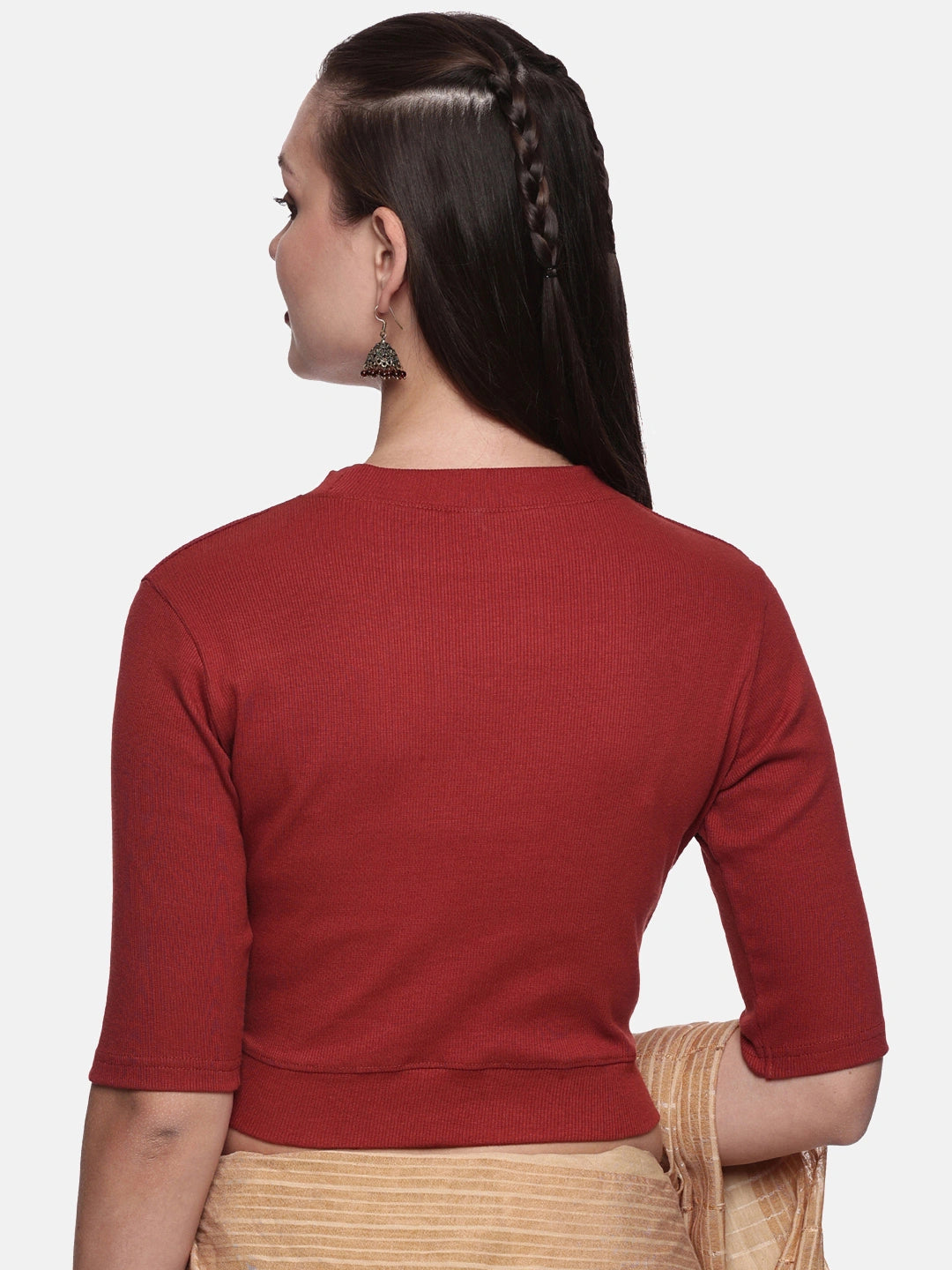 Women Plain Stretchable Elbow Sleeve RIB Blouse U0121 Terracotta Red