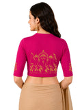 Women Mandarin Collar Back Printed Stretchable Elbow Sleeve Blouse U0272 Rani Pink