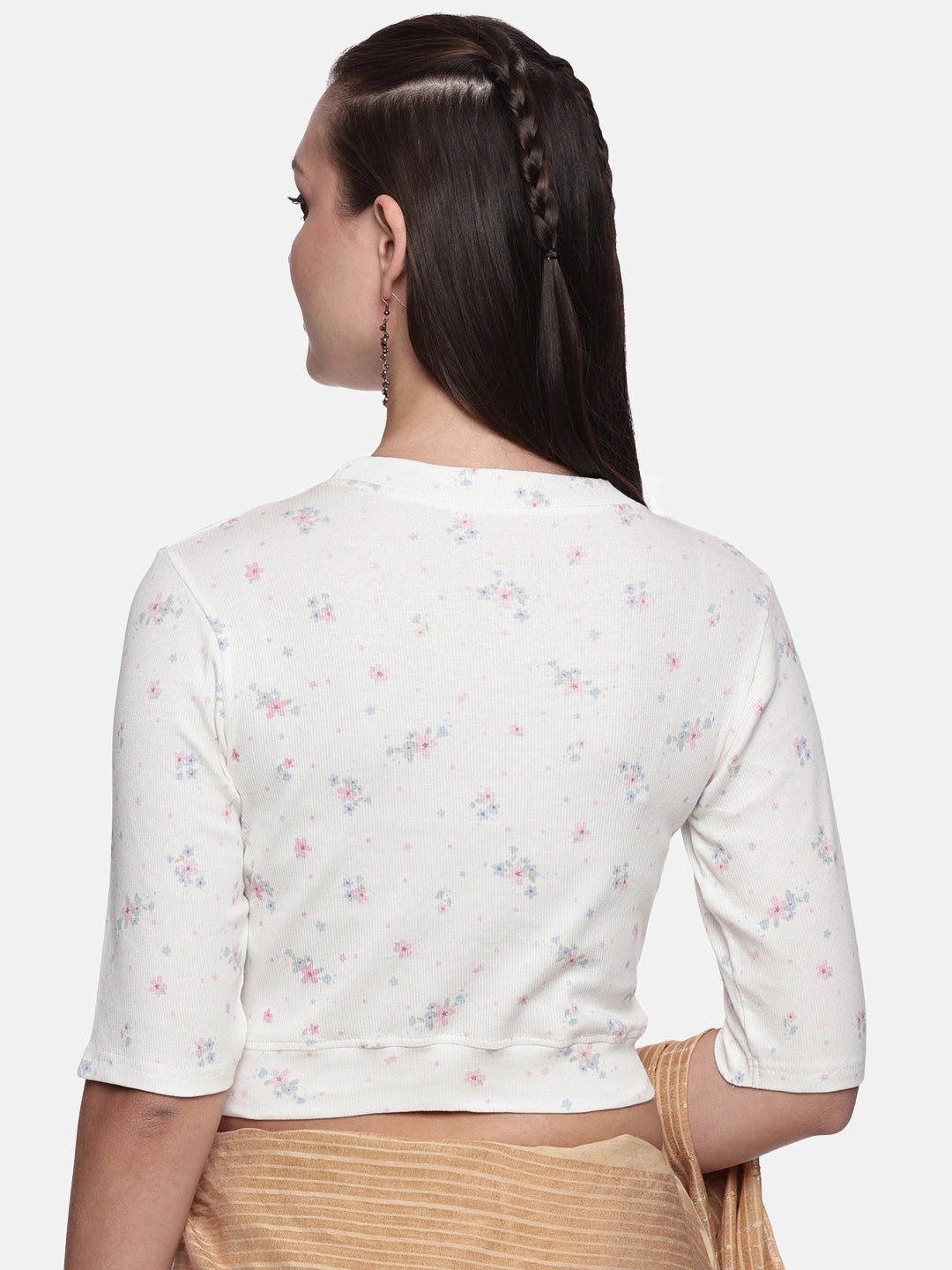 Women Allover Printed Stretchable Elbow Sleeve RIB Blouse UA017 - notyetbyus