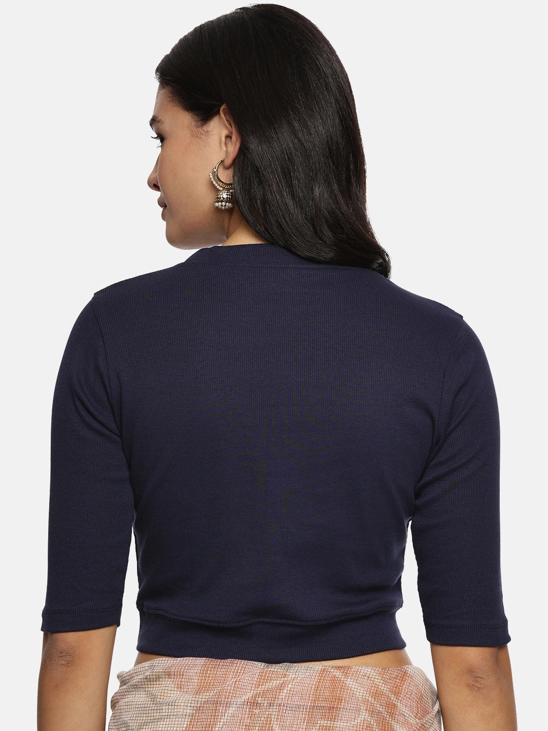 Women Plain Stretchable Elbow Sleeve RIB Blouse U0121 Navy
