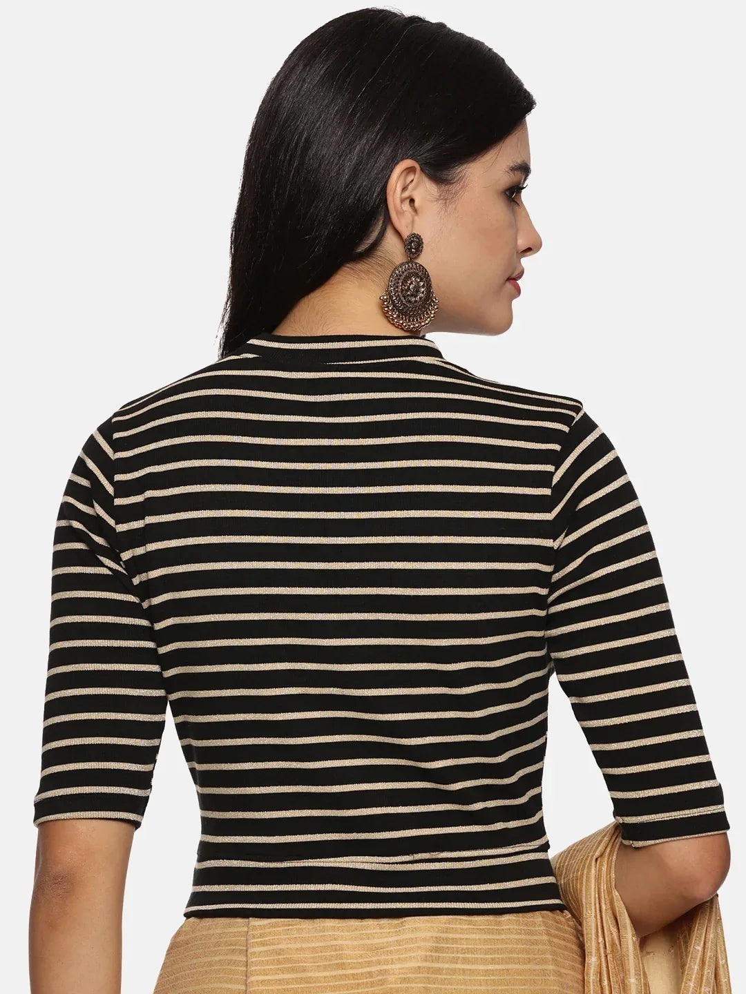Women Yarn Dyed Stretchable Elbow Sleeve RIB Blouse U0154 - notyetbyus