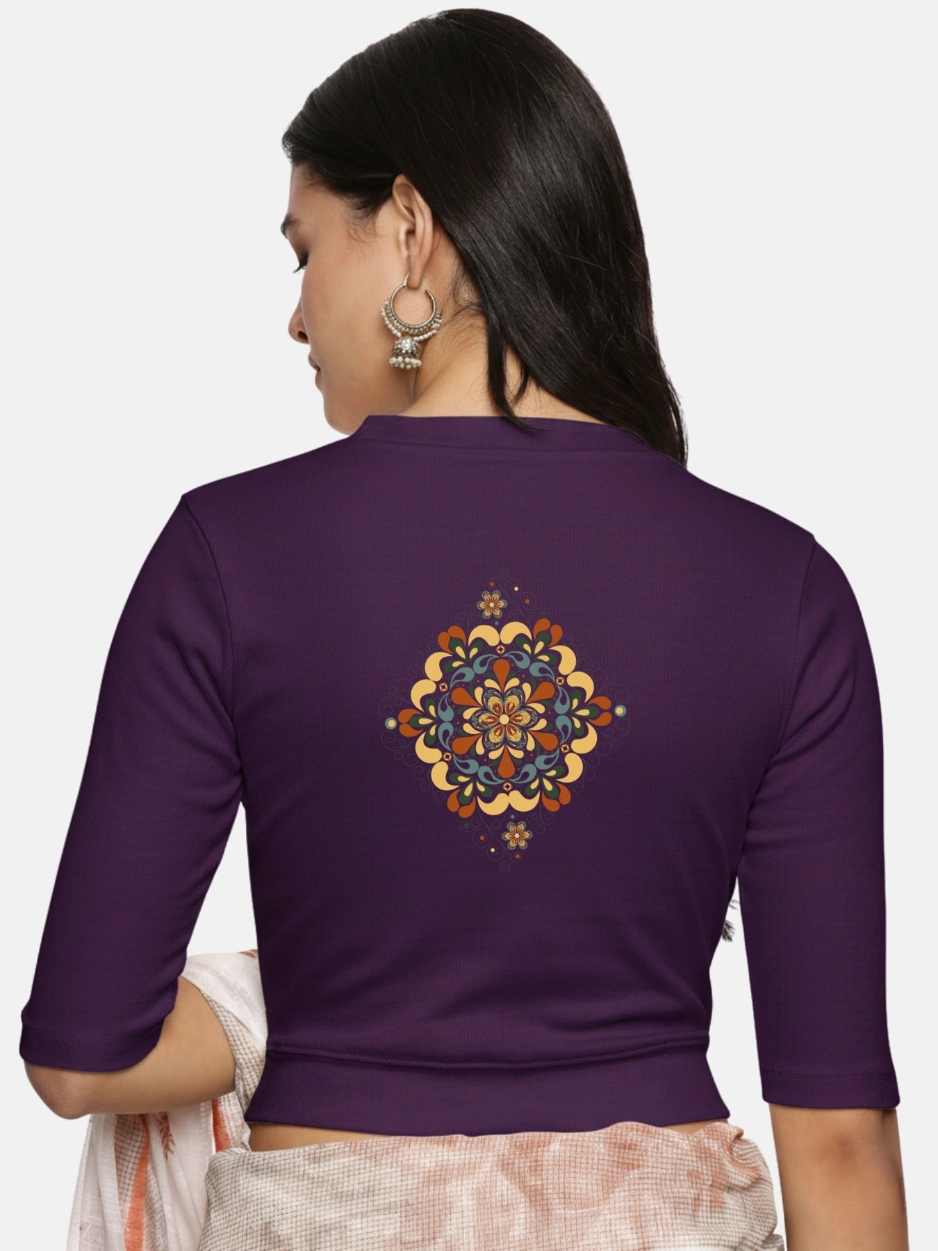 Women Back Printed Stretchable Elbow Sleeve RIB Blouse U0167 - notyetbyus