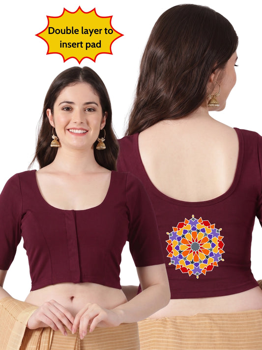 Women Front Open Back Printed Stretchable Half Sleeve Blouse U0266 Maroon