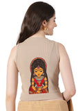 Women Back Printed Stretchable Sleeveless Close Neck RIB Blouse U0235 Chikoo