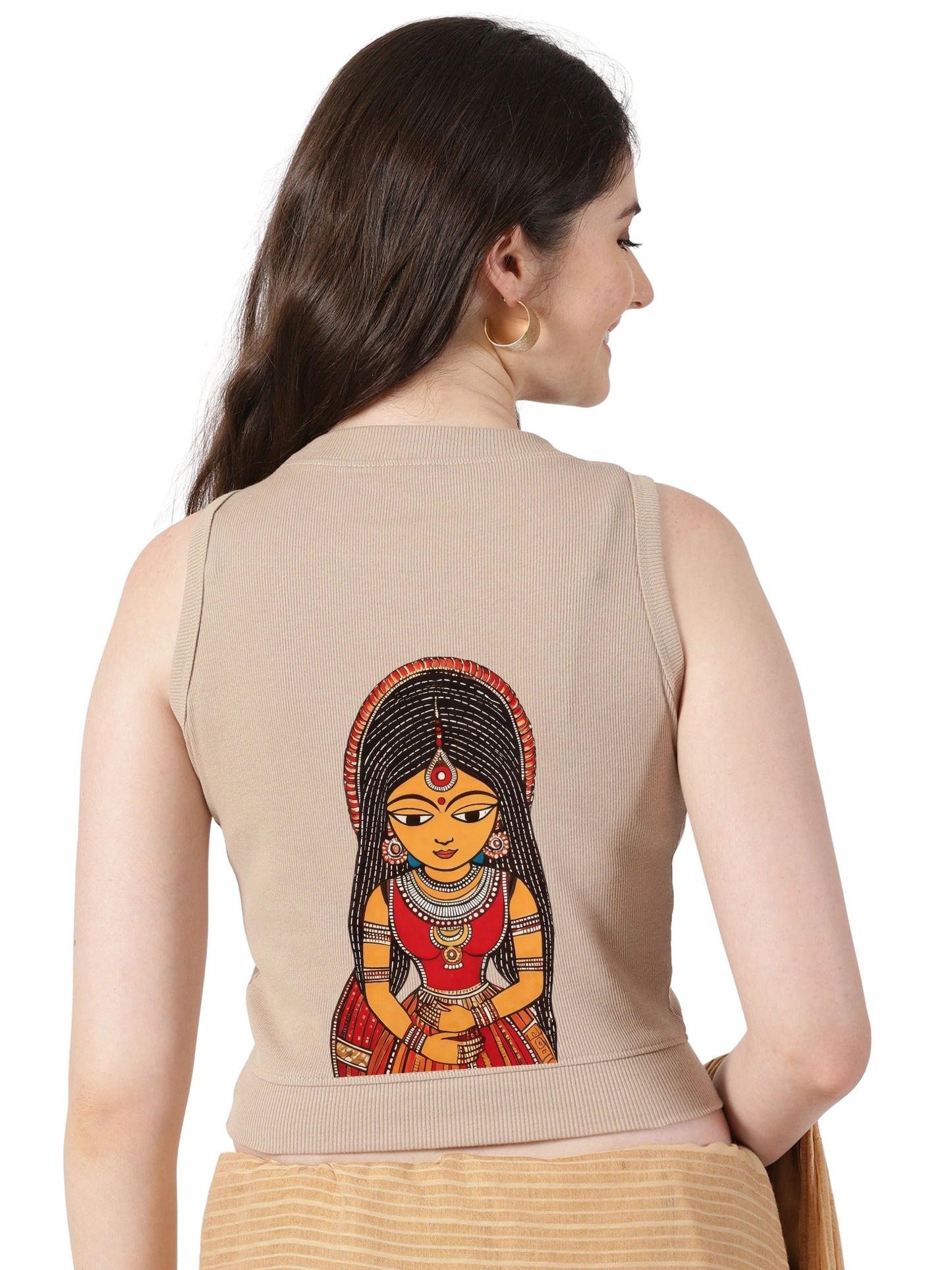 Women Back Printed Stretchable Sleeveless Close Neck RIB Blouse U0235 Chikoo