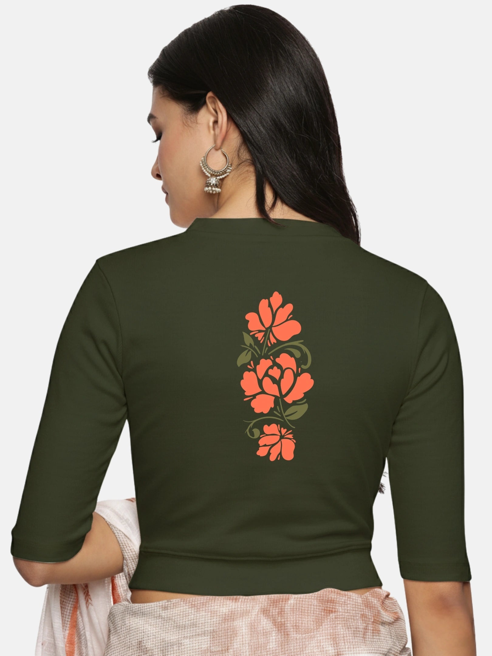 Women Back Printed Stretchable Elbow Sleeve RIB Blouse U0118 - notyetbyus