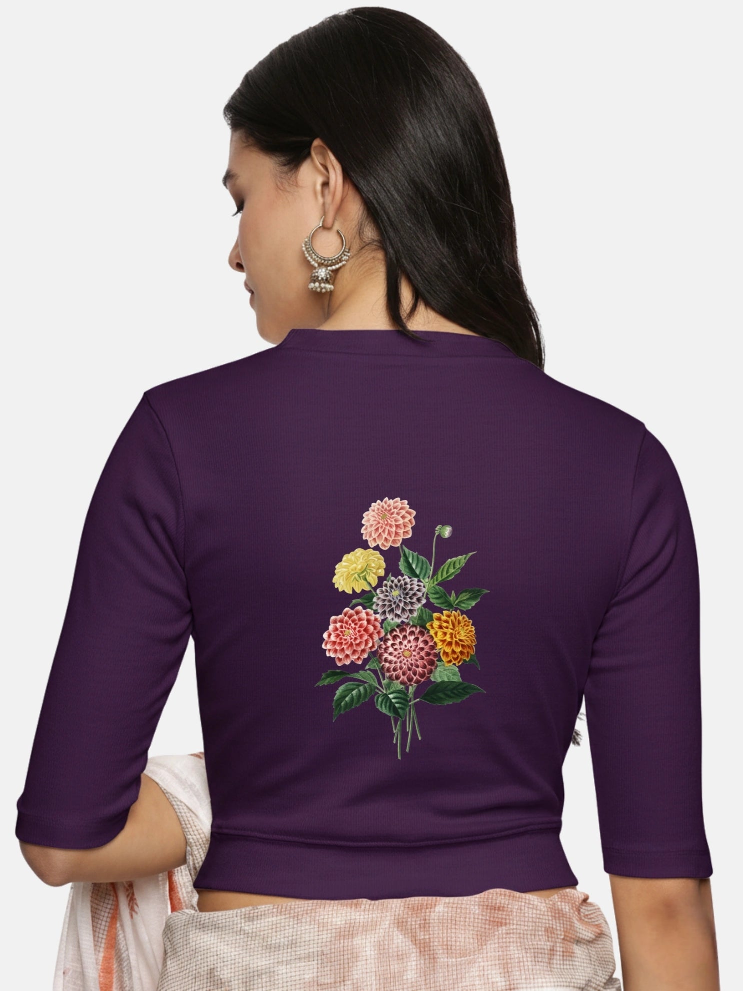 Women Back Printed Stretchable Elbow Sleeve RIB Blouse U0171 - notyetbyus