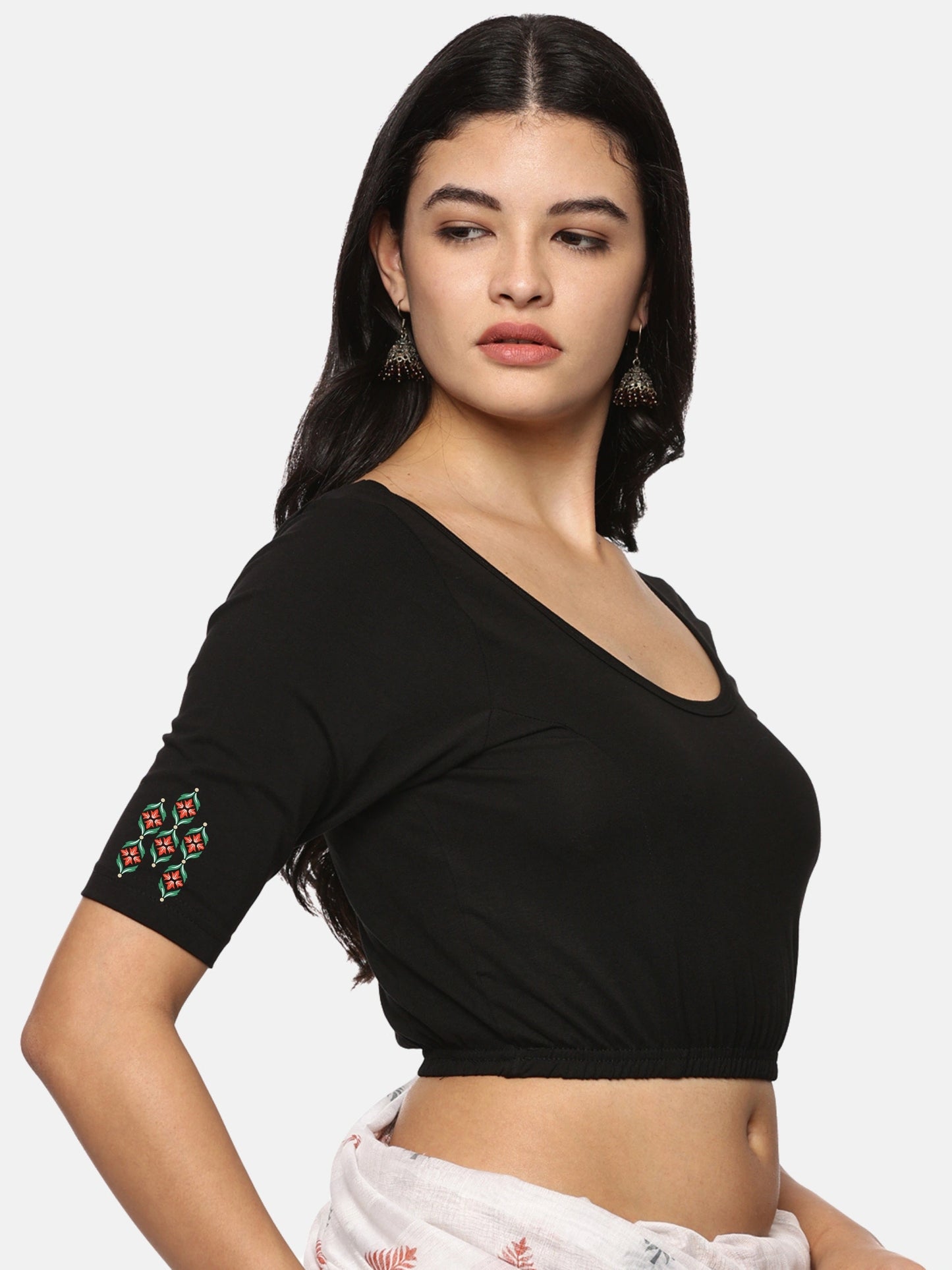 Women Back Printed Stretchable Half Sleeve Blouse U0178 Black