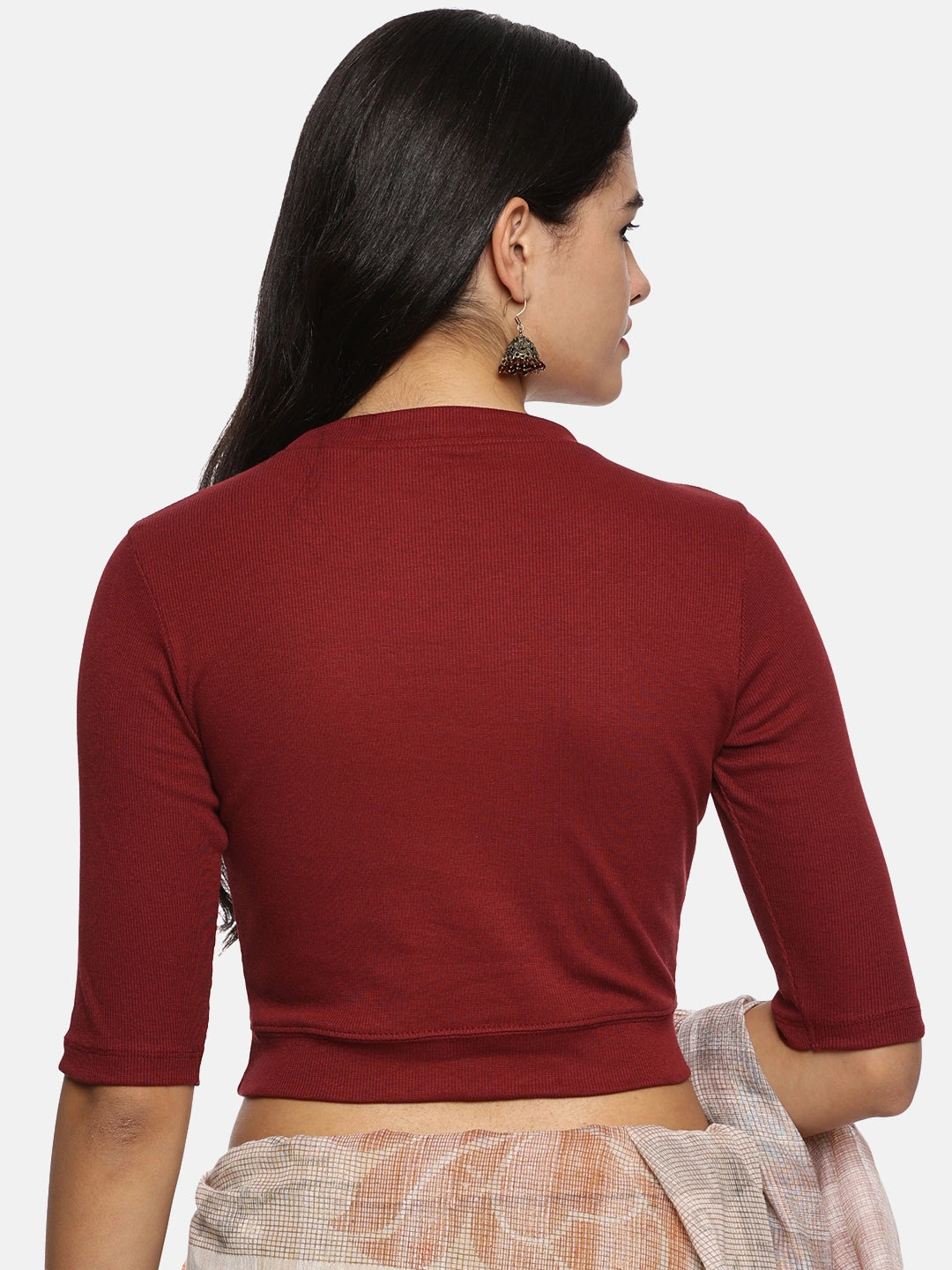 Women Plain Stretchable Elbow Sleeve RIB Blouse U0121 Maroon
