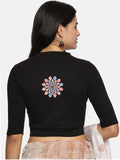 Women Back Printed Stretchable Elbow Sleeve RIB Blouse U0168 Black