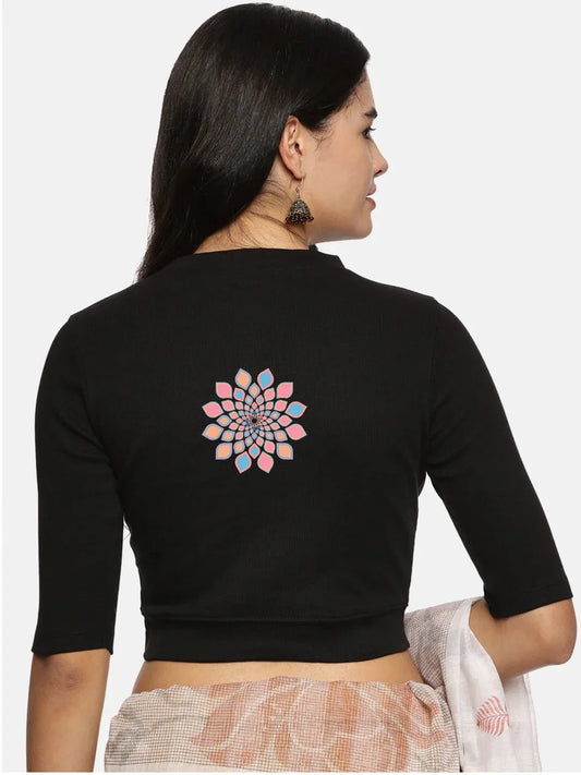 Women Back Printed Stretchable Elbow Sleeve RIB Blouse U0168 - notyetbyus