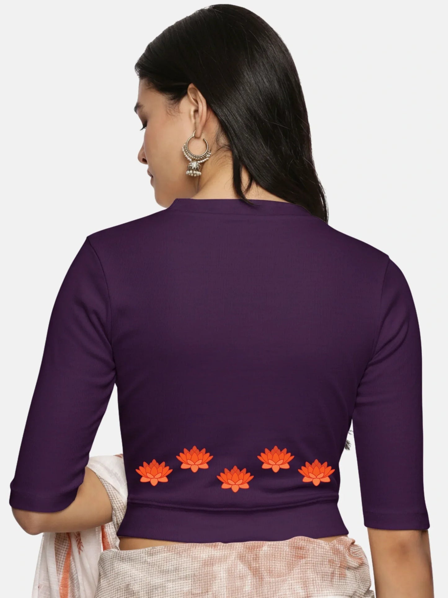 Women Back Printed Stretchable Elbow Sleeve RIB Blouse U0147 - notyetbyus
