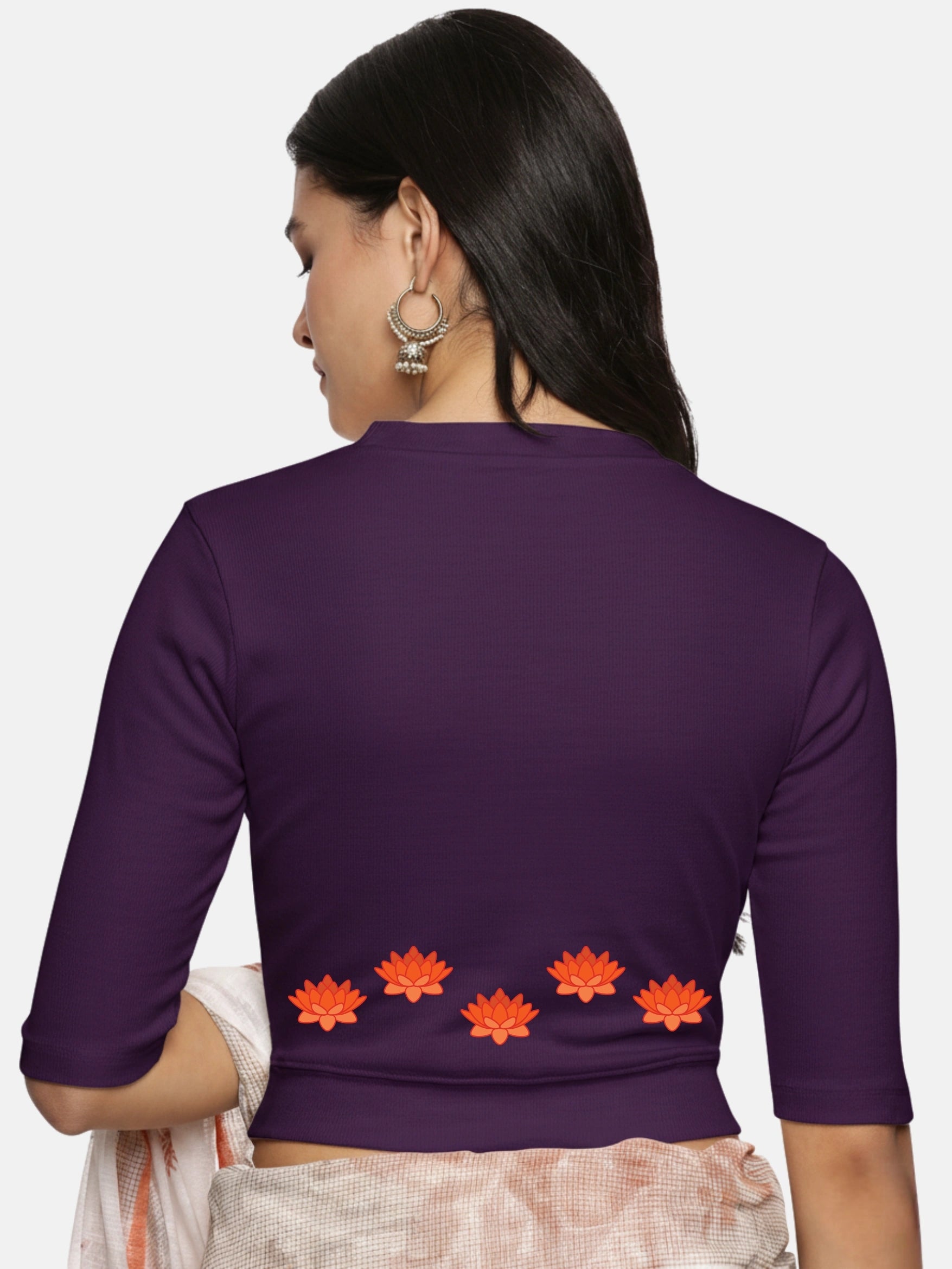 Women Back Printed Stretchable Elbow Sleeve RIB Blouse U0147 - notyetbyus