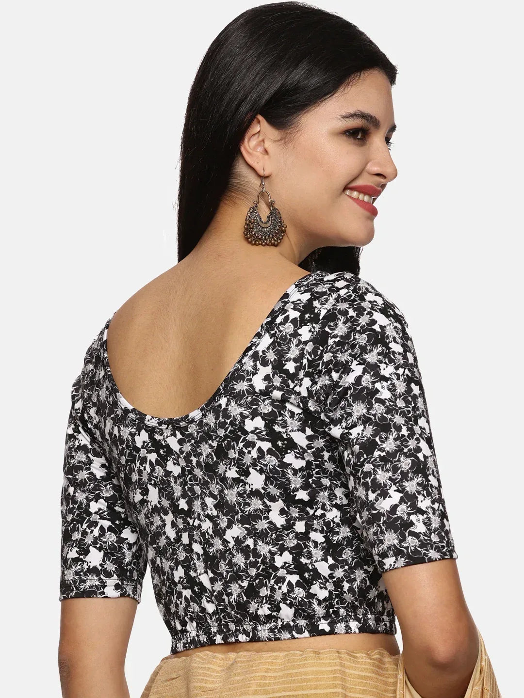 Women Allover Black White Floral Printed Stretchable Blouse UA06 - notyetbyus