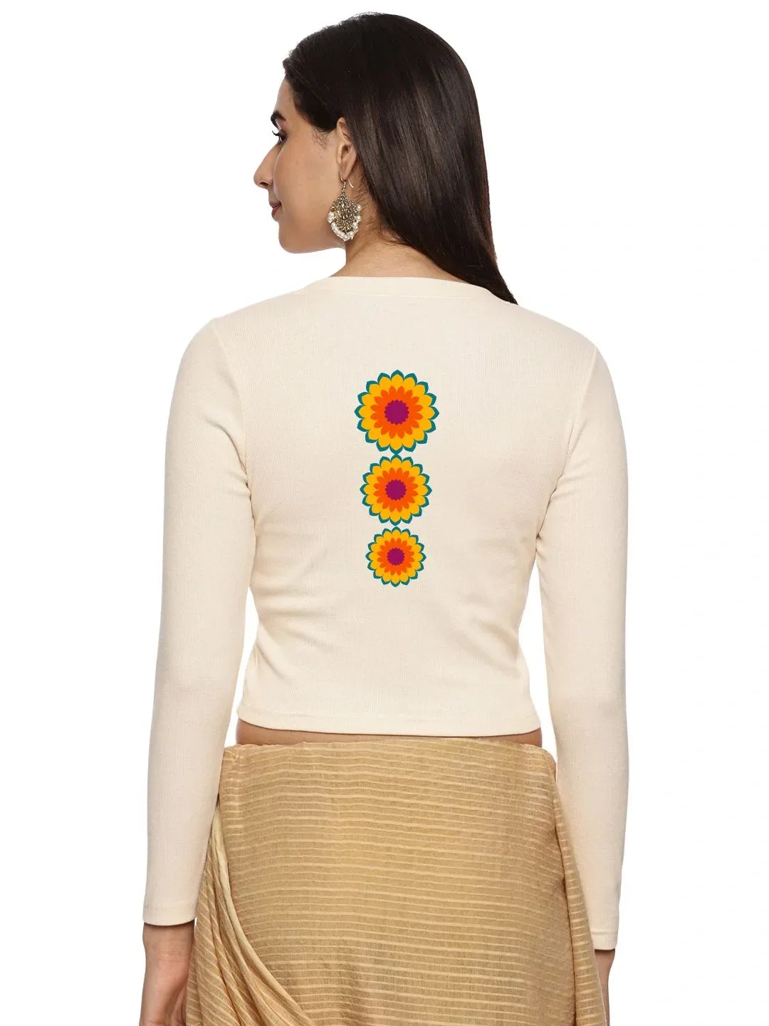 Women Back Printed Stretchable Full Sleeve V Neck RIB Blouse U0213 - notyetbyus