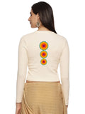 Women Back Printed Stretchable Full Sleeve V Neck RIB Blouse U0213 Cream