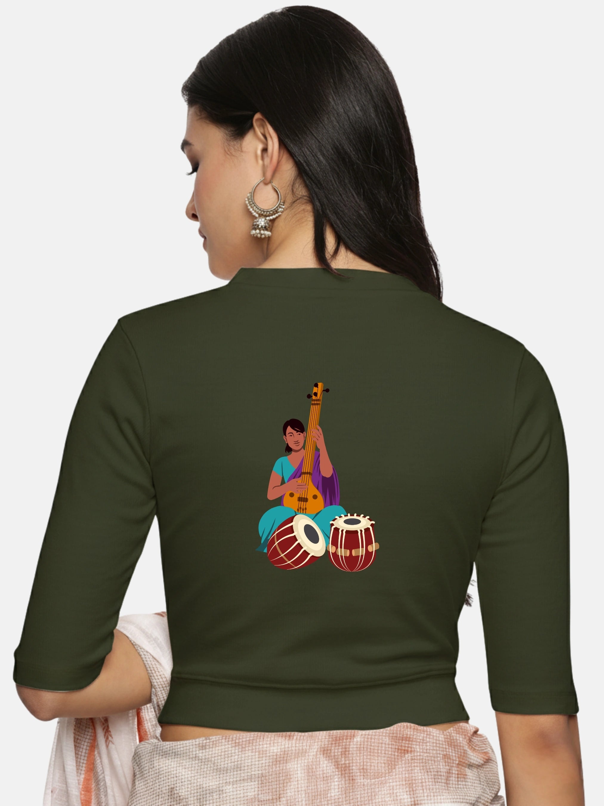 Women Back Printed Stretchable Elbow Sleeve RIB Blouse U0172 - notyetbyus