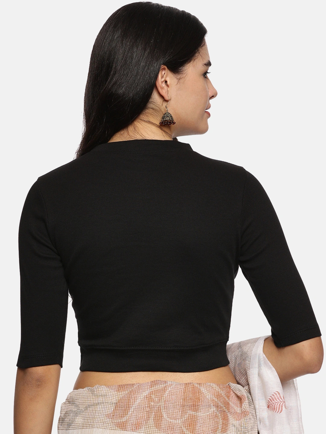 Women Plain Stretchable Elbow Sleeve RIB Blouse U0121 Black