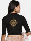 Women Back Printed Stretchable Elbow Sleeve RIB Blouse U0167 Black