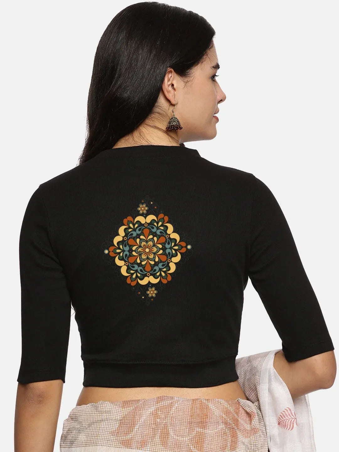 Women Back Printed Stretchable Elbow Sleeve RIB Blouse U0167 - notyetbyus