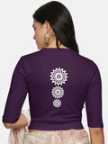 Women Back Printed Stretchable Elbow Sleeve RIB Blouse U0170 Violet