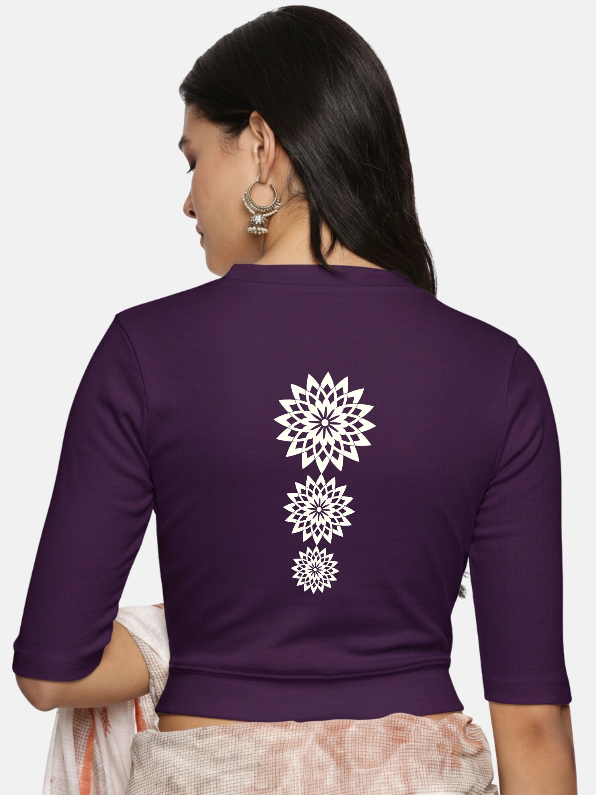 Women Back Printed Stretchable Elbow Sleeve RIB Blouse U0170 - notyetbyus