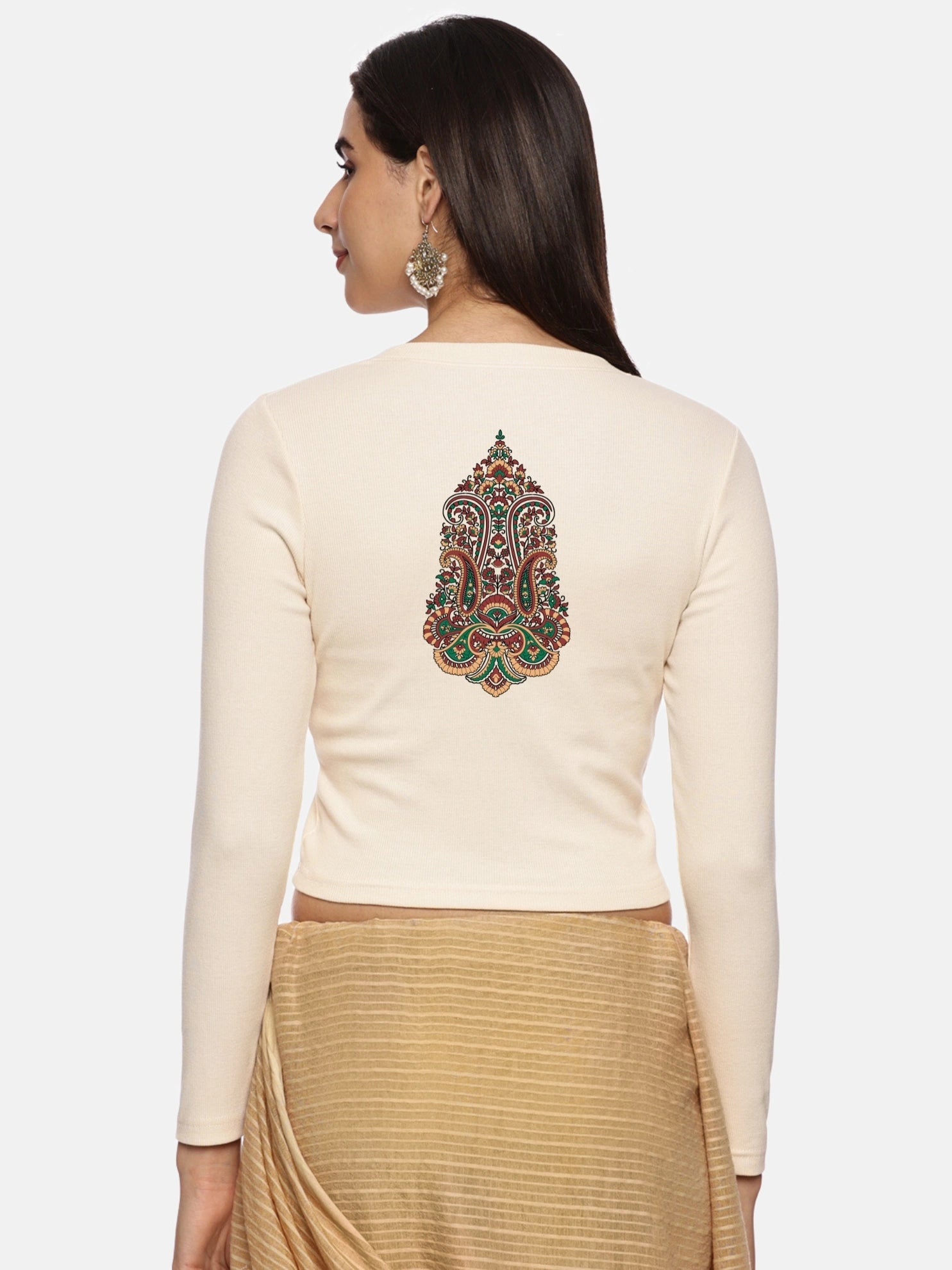 Women Back Printed Stretchable Full Sleeve V Neck RIB Blouse U0190