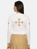 Women Back Printed Stretchable Full Sleeve V Neck RIB Blouse U0215 White
