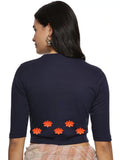 Women Back Printed Stretchable Elbow Sleeve RIB Blouse U0147 Navy