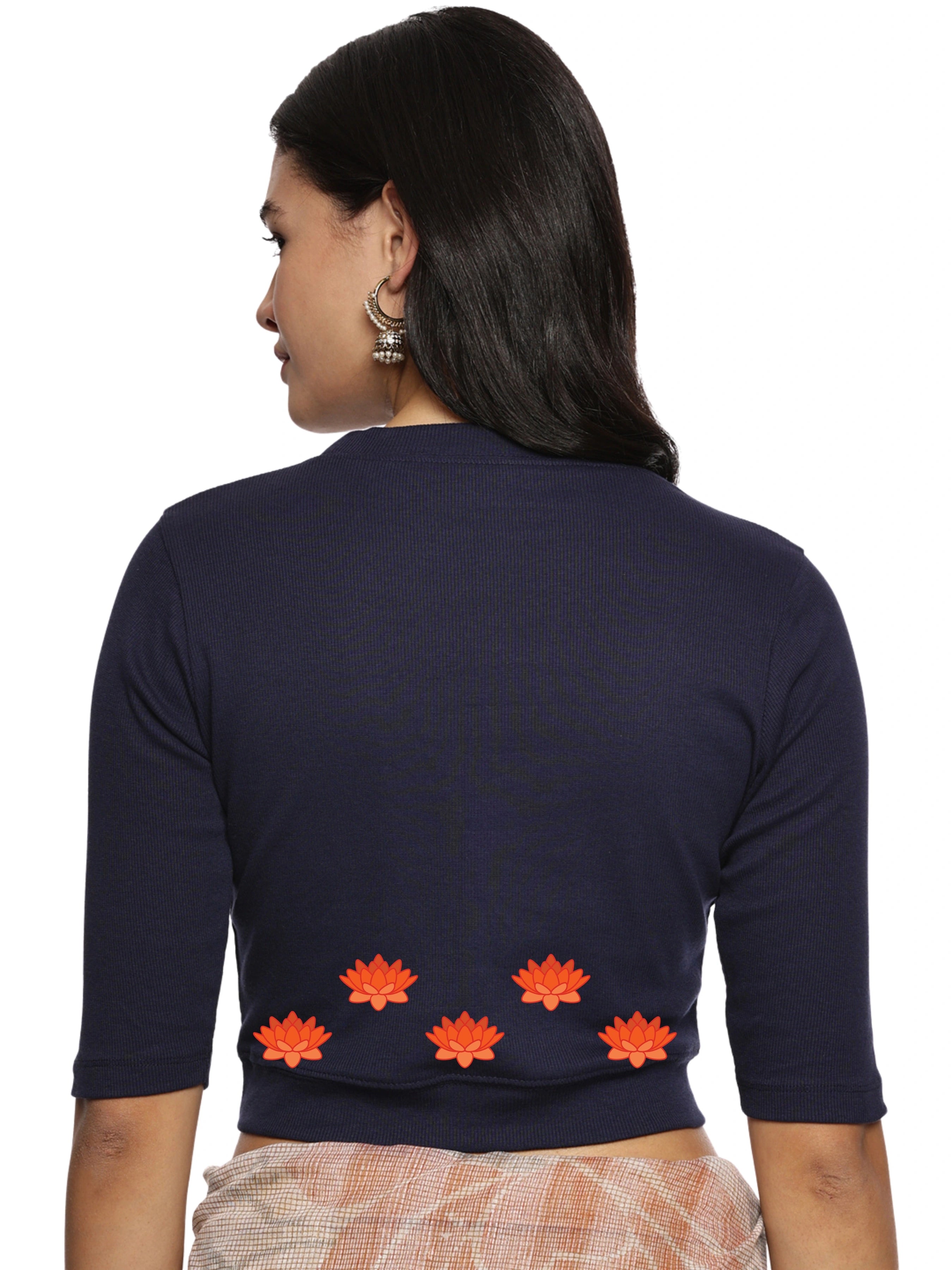 Women Back Printed Stretchable Elbow Sleeve RIB Blouse U0147 - notyetbyus