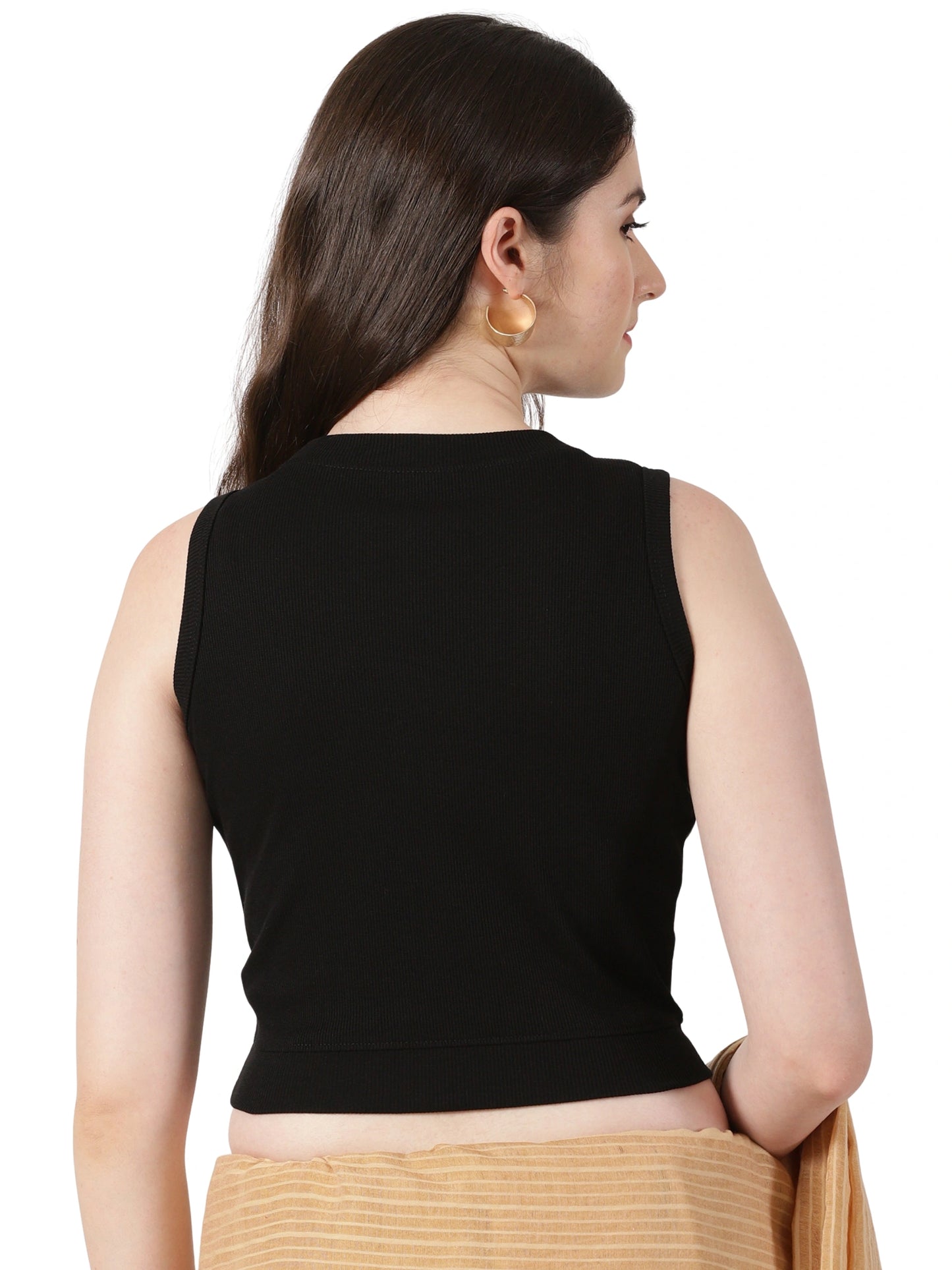 Women Plain Stretchable Sleeveless Close Neck RIB Blouse U0241 Black