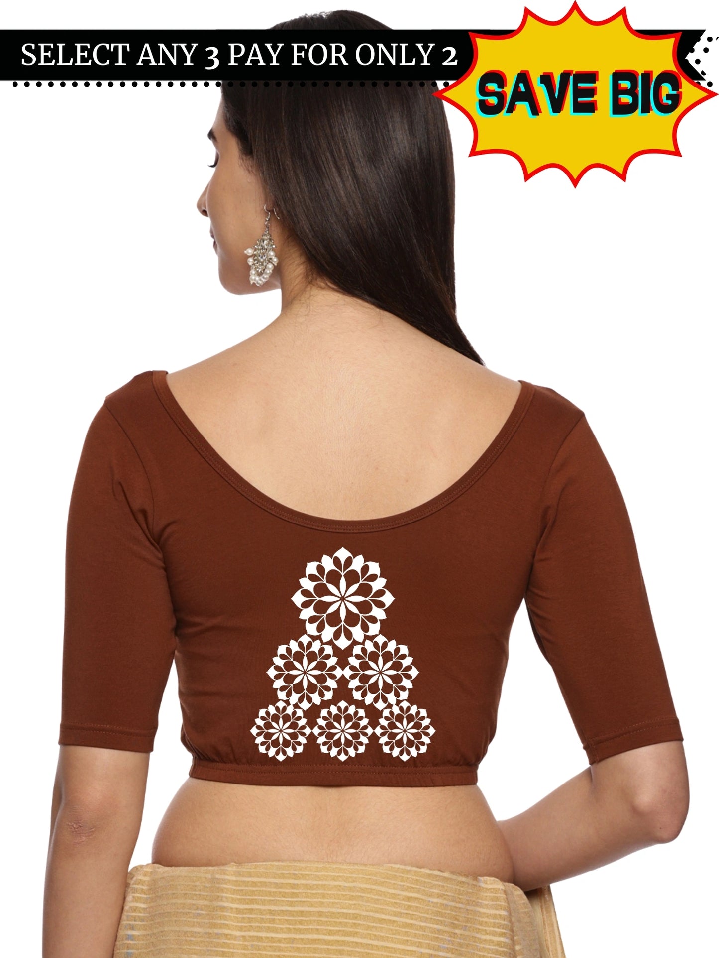 Women Back Printed Stretchable Half Sleeve Blouse U0224 Honey Brown