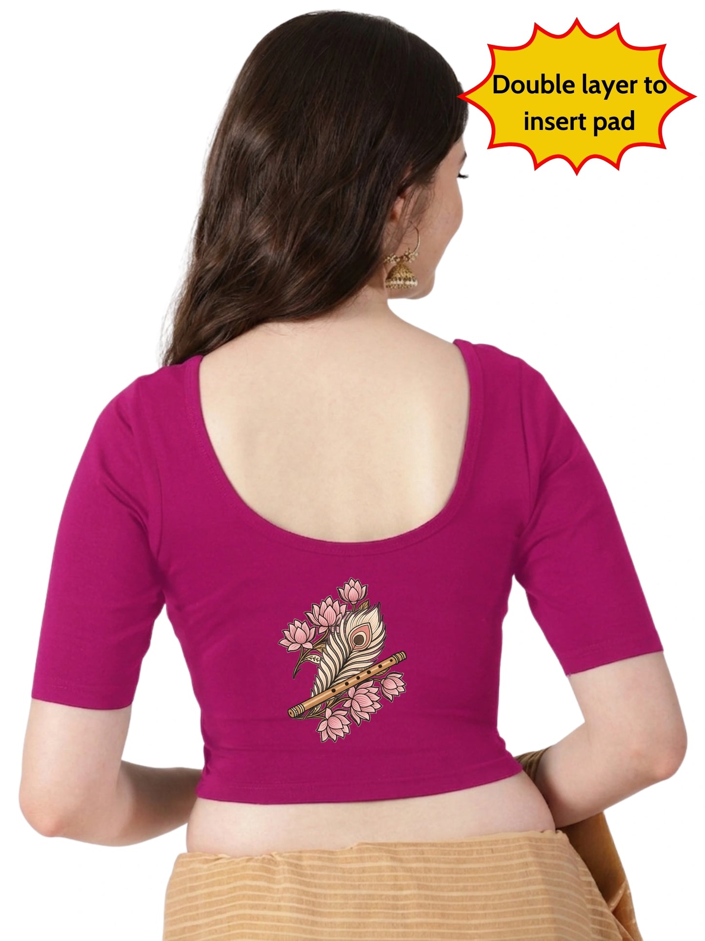 Women Front Open Back Printed Stretchable Half Sleeve Blouse U0262 Rani Pink