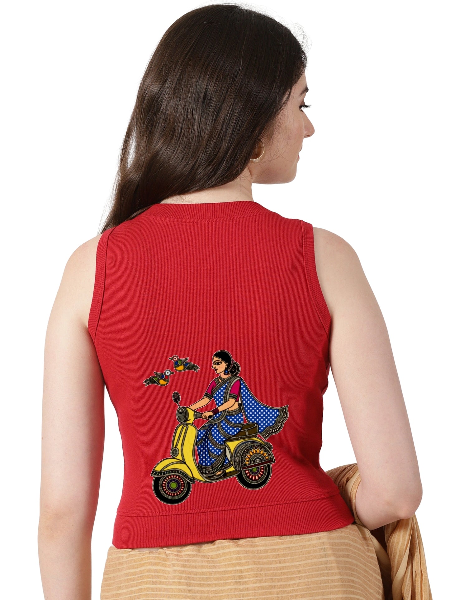 Women Back Printed Stretchable Sleeveless Close Neck RIB Blouse U0255 Red