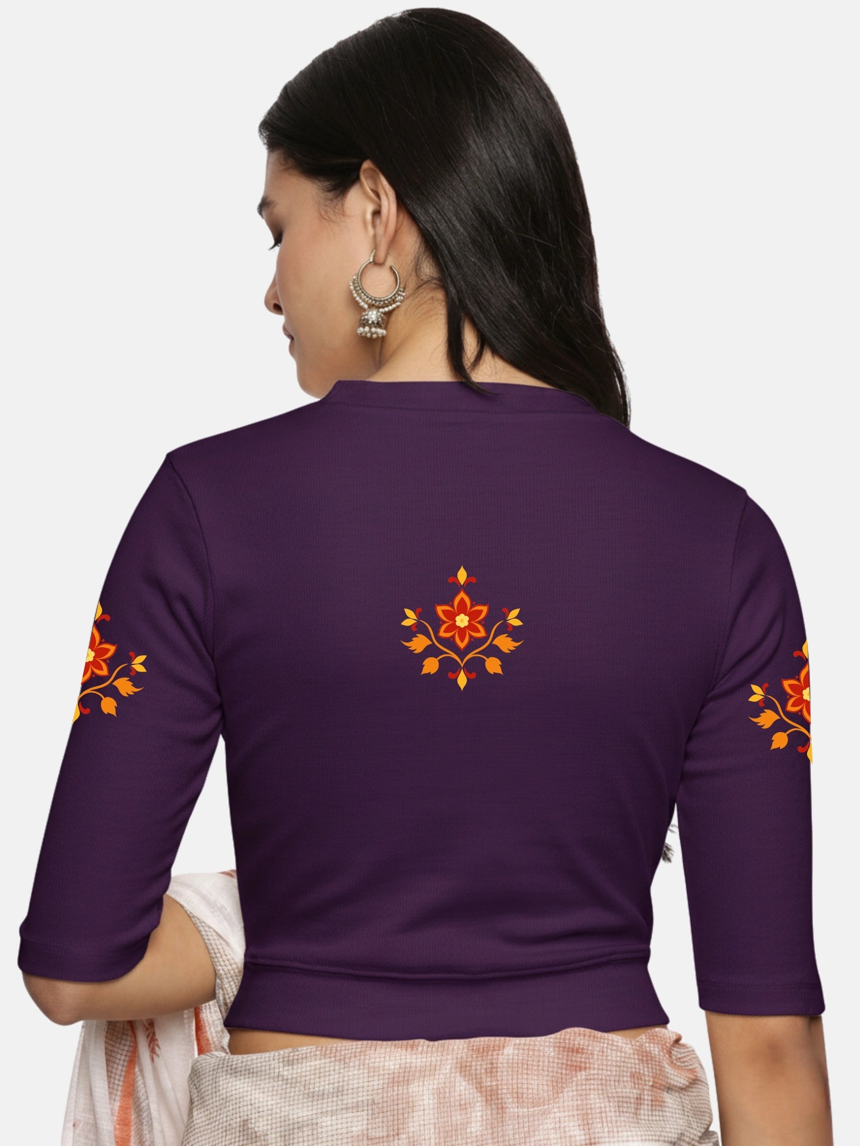 Women Back Printed Stretchable Elbow Sleeve RIB Blouse U0158 - notyetbyus