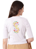 Women Stretchable Rib Square Neck Puff Sleeve Blouse Back Print U0257 White
