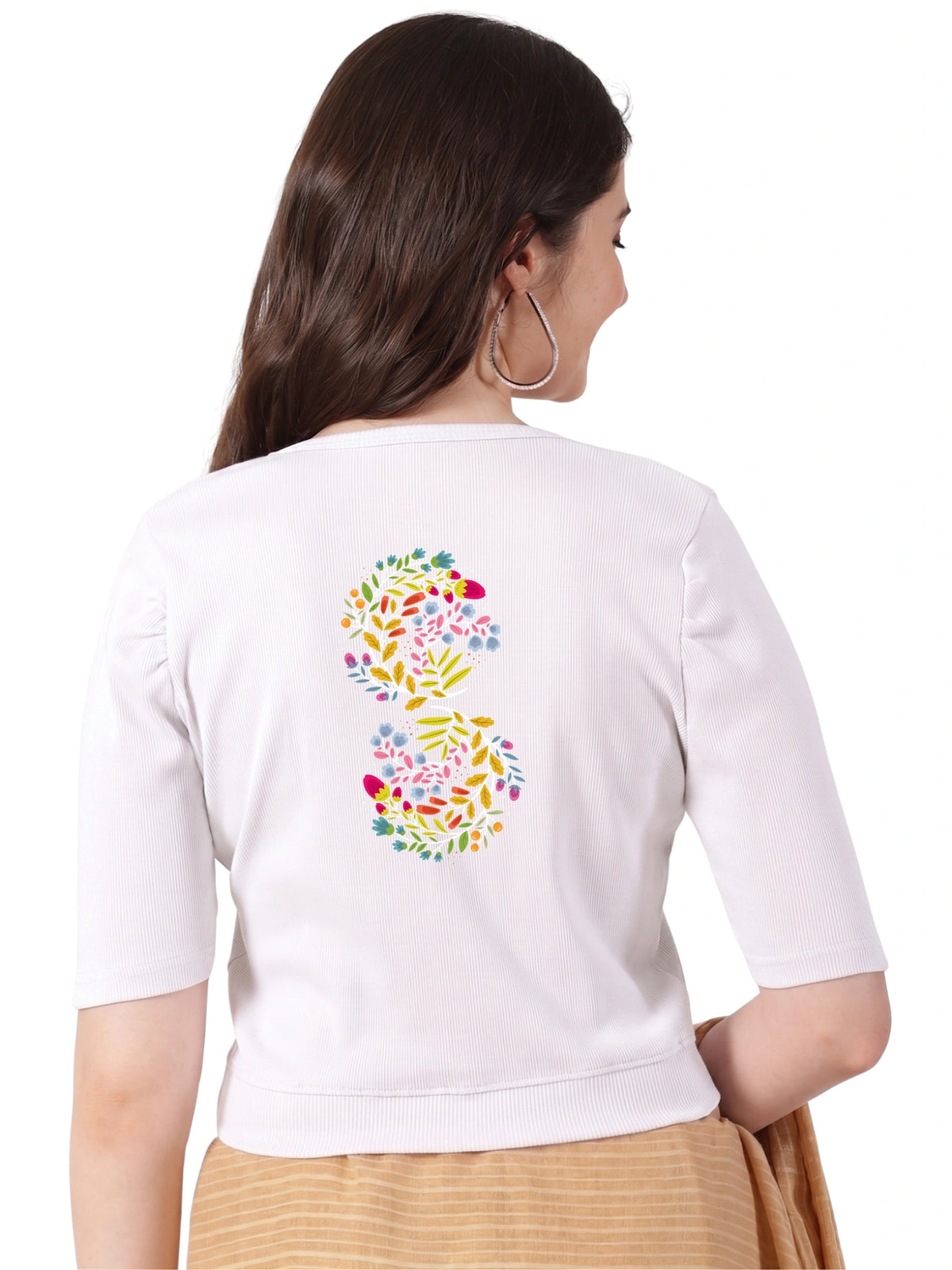 Women Stretchable Rib Square Neck Puff Sleeve Blouse Back Print U0257 White