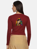 Women Back Printed Stretchable Full Sleeve V Neck RIB Blouse U0185 Maroon