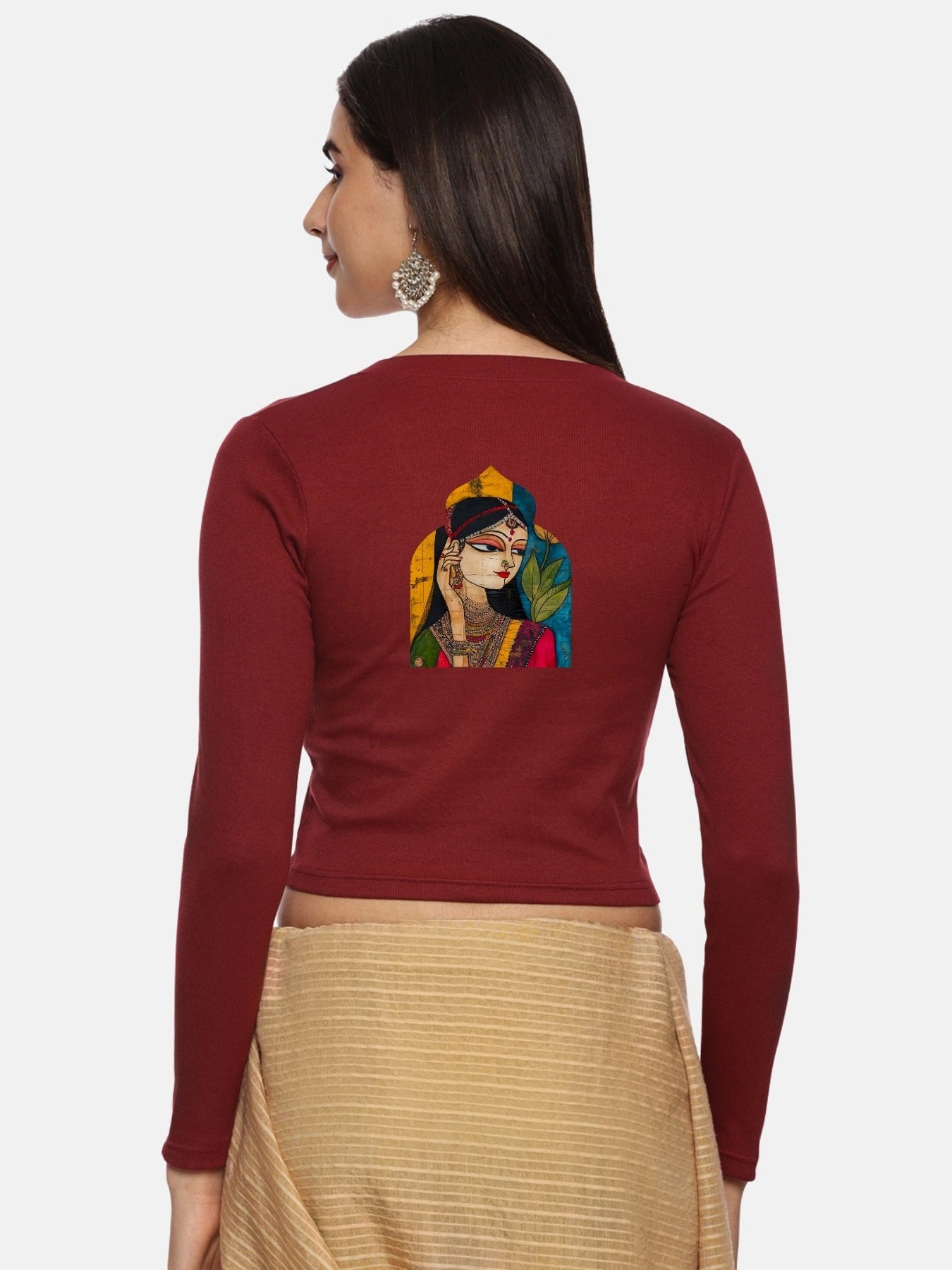 Women Back Printed Stretchable Full Sleeve V Neck RIB Blouse U0185