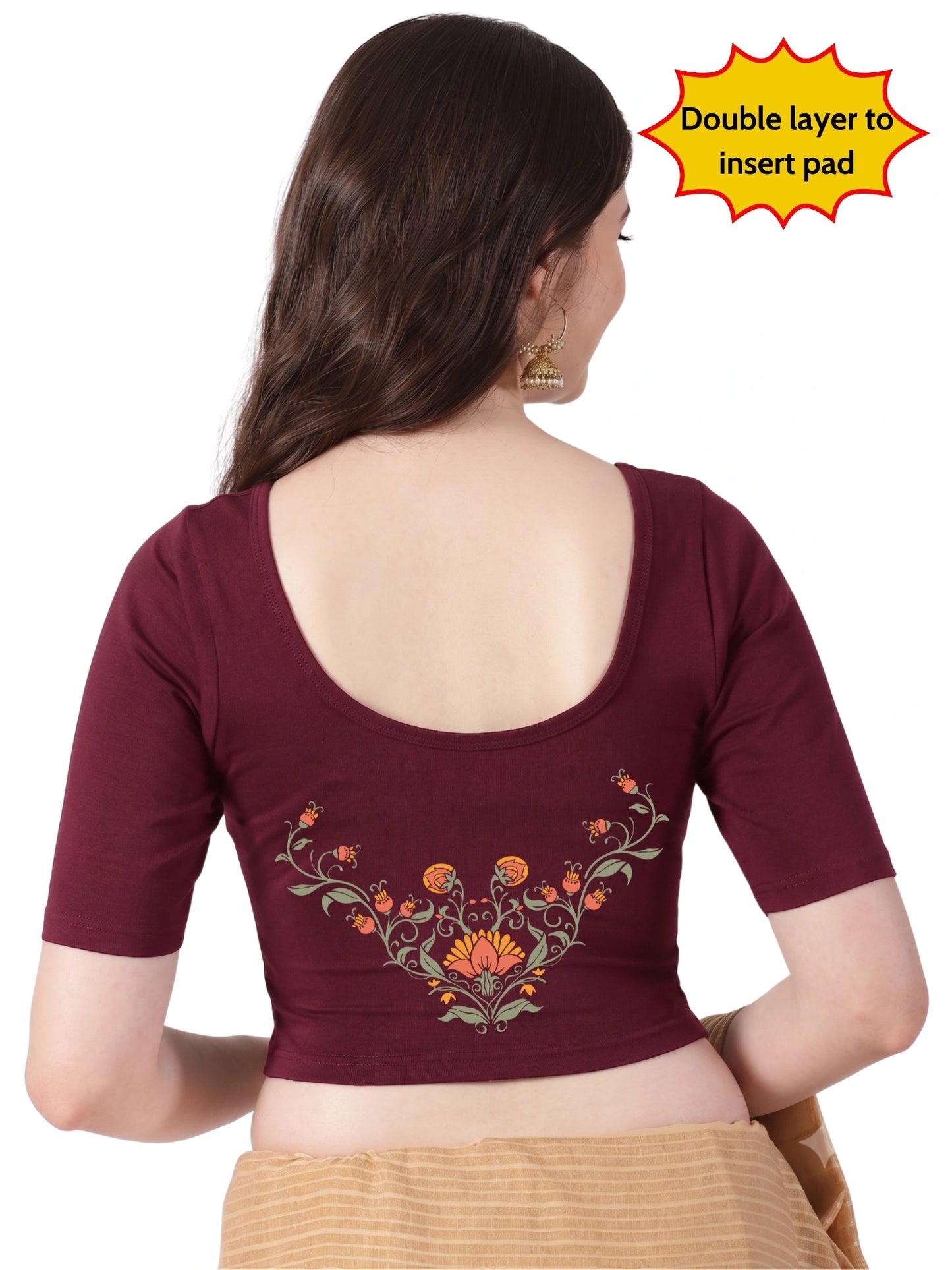 Women Front Open Back Printed Stretchable Half Sleeve Blouse U0264 Maroon