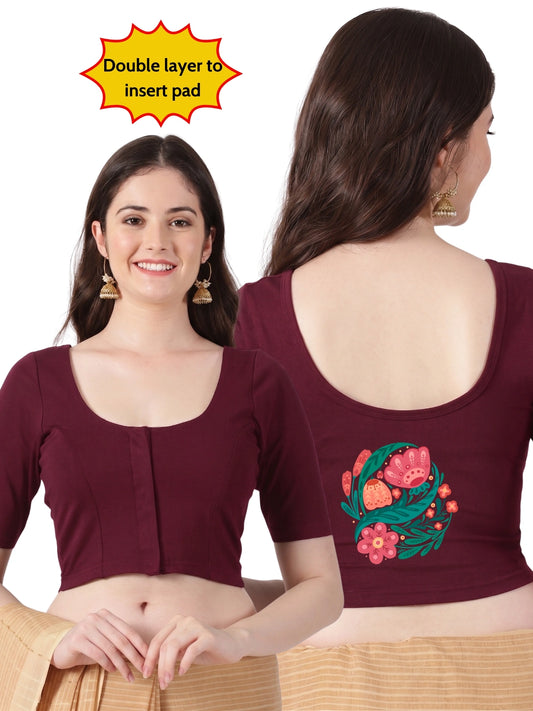 Women Front Open Back Printed Stretchable Half Sleeve Blouse U0265 Maroon